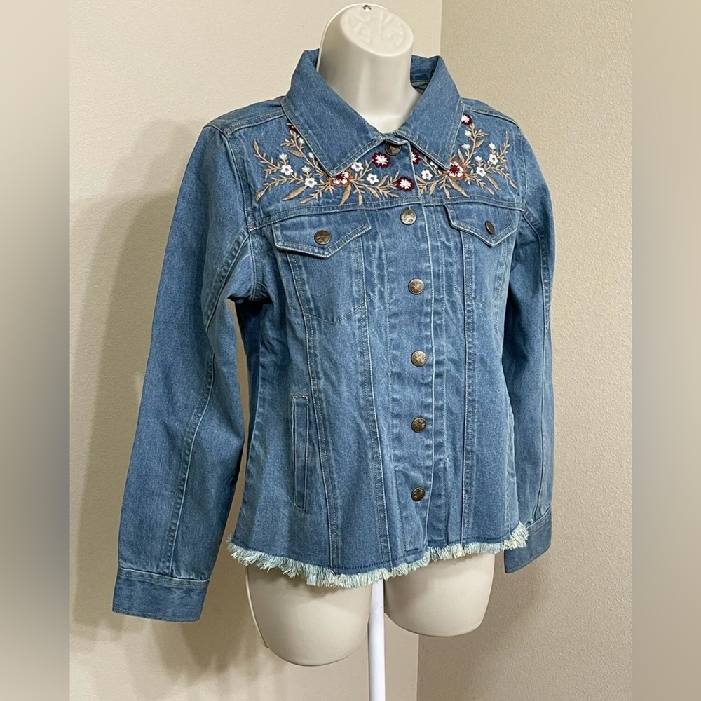 Keren Hart Women’s Blue Floral Embroidery Long Sleeve Button Up Denim Jacket s M - Picture 2 of 12